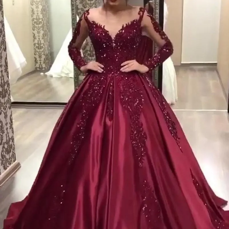 Svadobné šaty dám V krk sexy flitra kvetinová podlahová dĺžka dĺžka linky šaty s plným rukávom s vysokým pásom elegantné šaty Vestidos