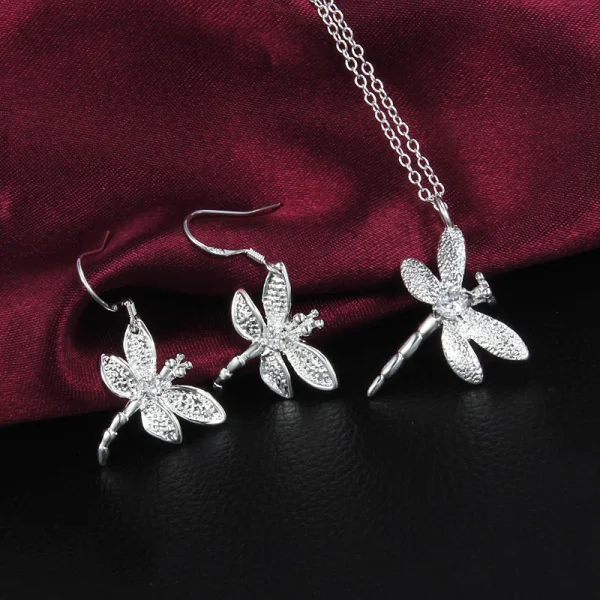 Svadobné šperky módy sada 925 Sterling Silver Crystal Dragonfly prívesok Náušnice Náušnice pre ženy jemné vianočné darčeky