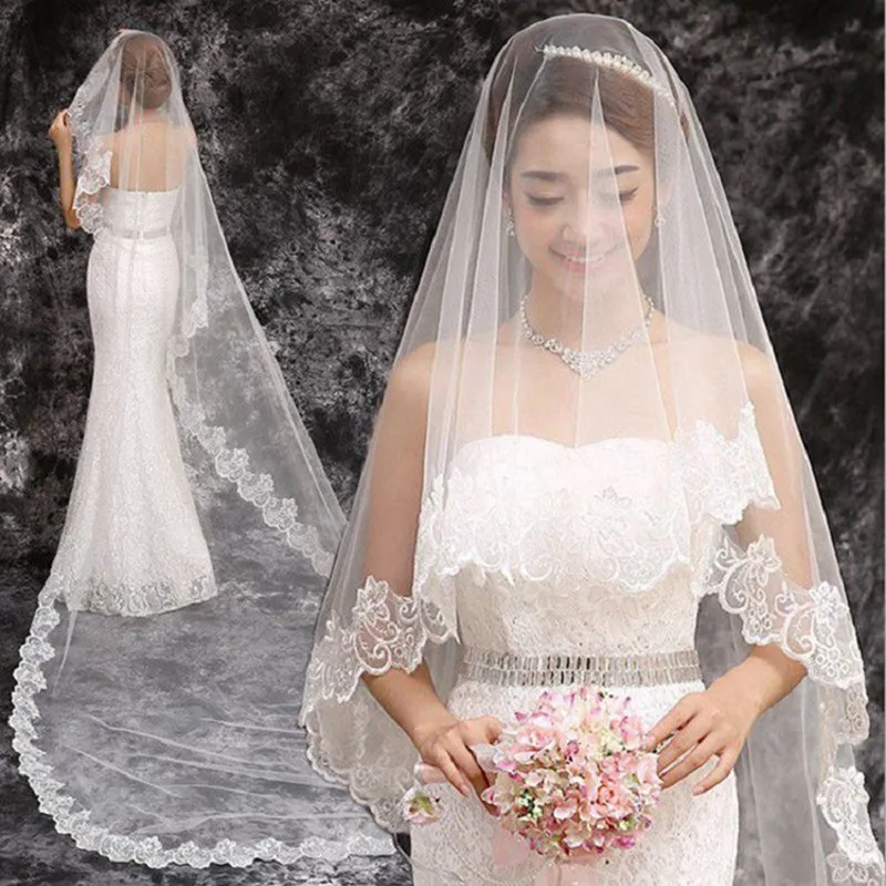Svadobný závoj čipkovaný okraj Dlhý luxusný svadobný závoj biely/slonovinový závoj s hrebeňou Tulle Cathedral One-Layer 3 Meters Bride Accessorie