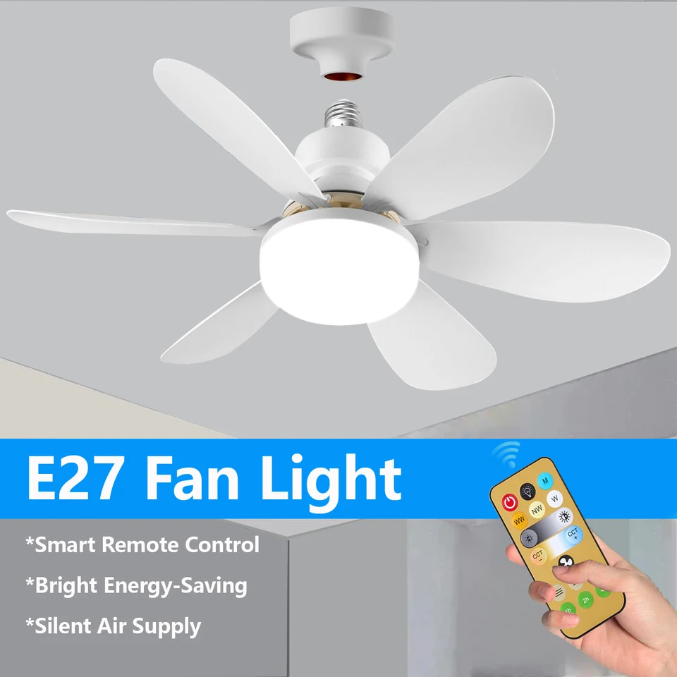 Svetkový stropný ventilátor, 40 -W skrutkový stropný ventilátor s ľahkým a diaľkovým ventilátorom, ventilátor E27 s LED pre kúpeľňu, spálňu, kuchyňu