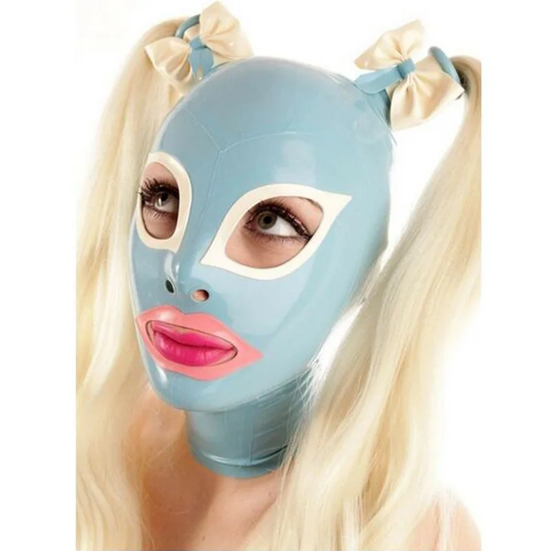Svetlo modrá latexová kapucňa s dvojitým blond cytail parochňou zadnú masku na zips so zlatým pigtail klubovým oblečením