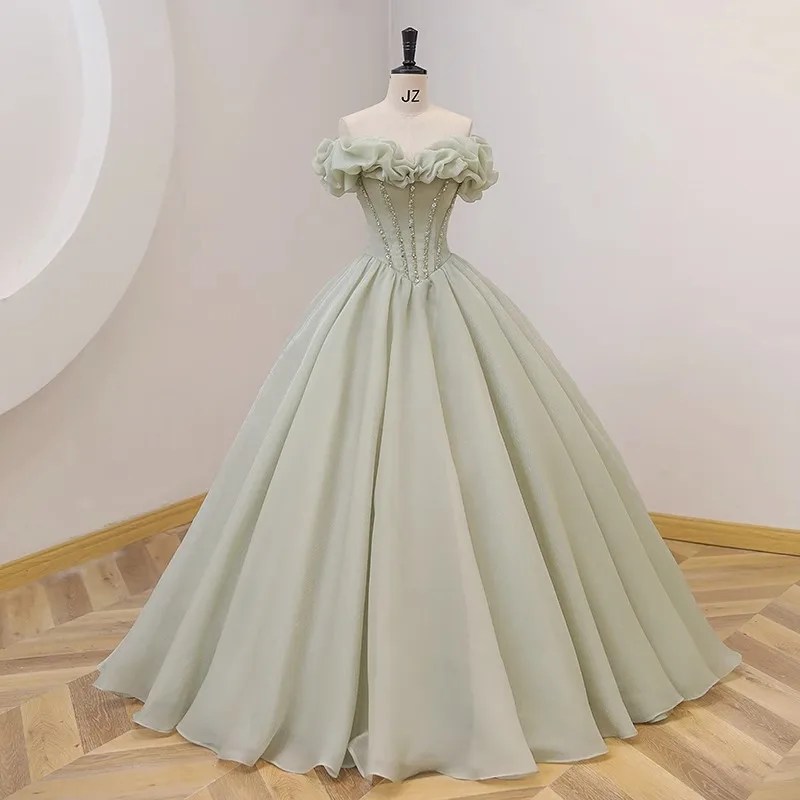 Svetlozelená sladká 15 šaty Quincenera pre plesové guľky Puffy bez rukávov bez rukávov vintage podlahová dĺžka Vestido de Quincenera korzet