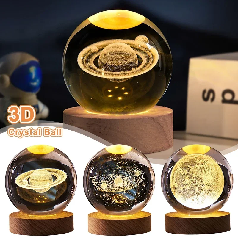 Svetlá krištáľová guľa LED Nočné svetlo Saturn Solar System 3D Moon stolová lampa USB Spálňa Atmosféra lampa na narodeniny darček pre dieťa darček