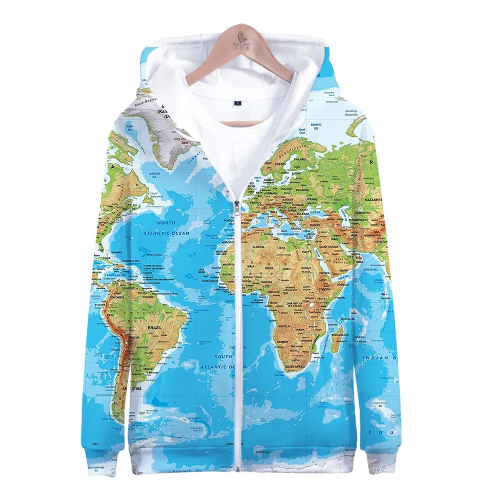 Svetový atlas 3D tlačiareň mikiny módne hip hop muži Ženy zipsové kapucne bundy s dlhým rukávom harajuku kapucne mikiny Topy