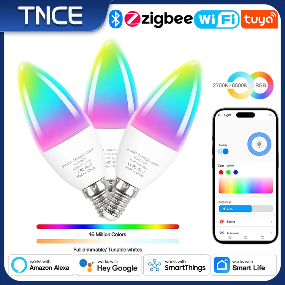 Sviečková lampa TNCE TUYA E14 WiFi Zigbee Bluetooth, 5W RGB Dimmable LED žiarovka, Control Life Life App Light, hlas Alexa Google Home