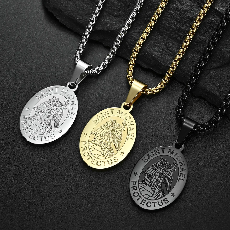 Svätý Michael Pendant Hrdecklace pre mužov z nehrdzavejúcej ocele Christopher Medal Archanjel Katolícke náboženské chlapci Darčekové šperky