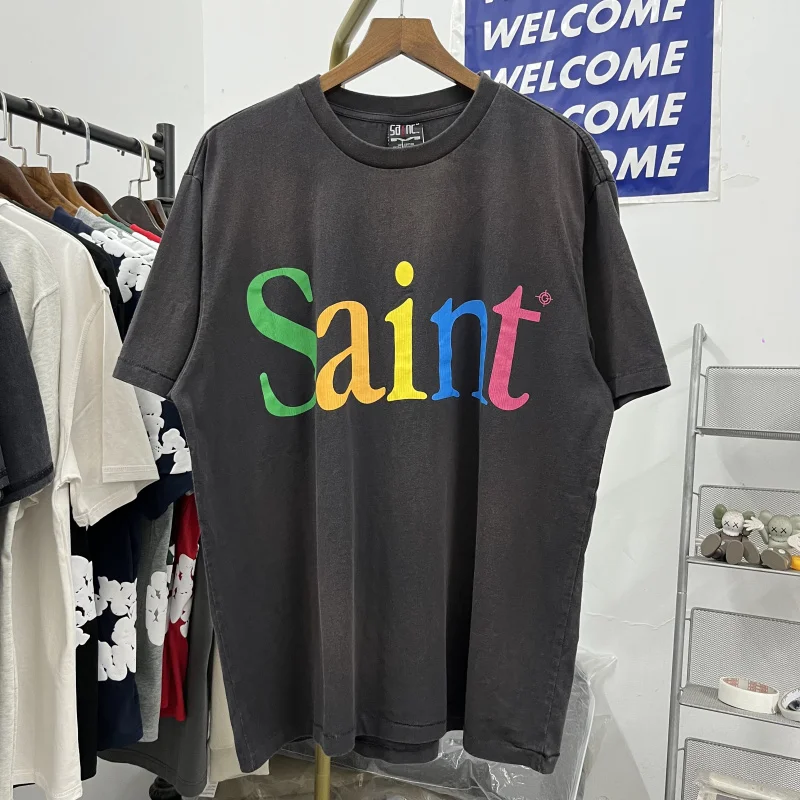 Svätý Michael vintage do starých graffiti maľované ripy Rainbow nápis dizajn vintage tričko s krátkym rukávom Vysoké kvality