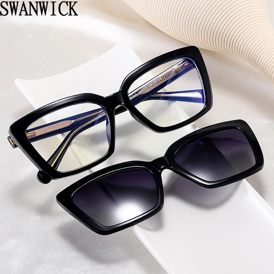 Swanwick magnetické štvorcové slnečné okuliare pre ženy UV400 Clip na slnečných okuliaroch Cat Eye Polarizované šedá hnedá hnedá európska octa