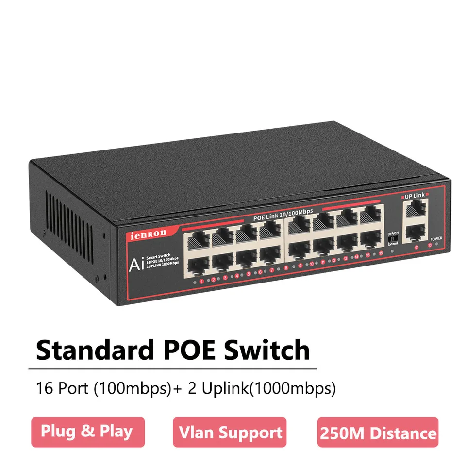 Switch PoE 16 port 100 Mbps Ethernet Network Switch IEEE 802.3 AF /AT pre IP Camera /CCTV Security Camera System Switch s VLAN