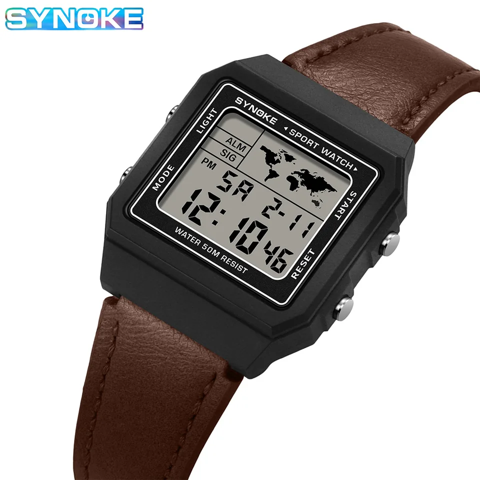 Synoke Leather Watch Outdoor Sports Multifunkčný vodotesný na veľkú obrazovku Displej LED Digital pre mužov retro móda