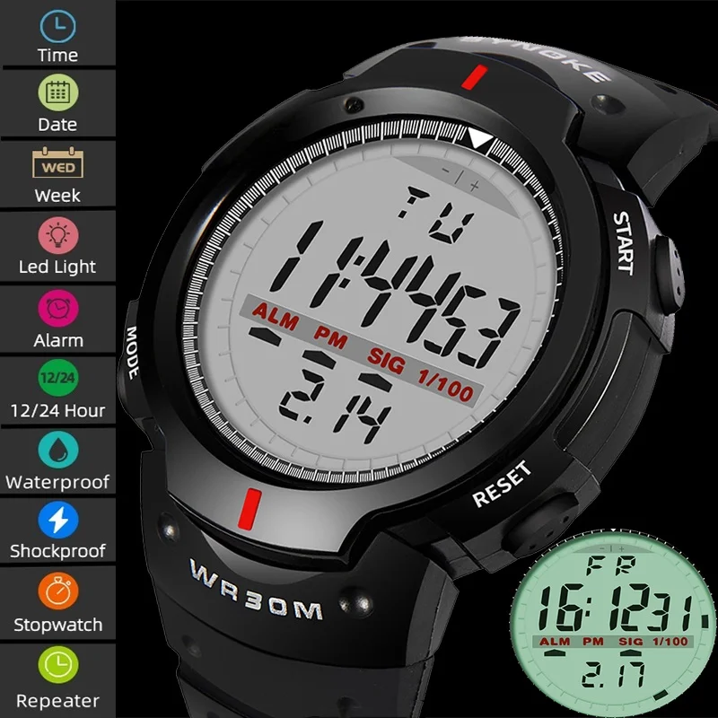 Synoke Men Digital Sport's Watches 5 ATM nepremokavý nárazový nárazový LED chronograph Chronograph Wristwatch Timekeeper Mužský budík