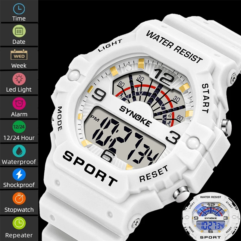 Synoke Shockproof Men's Digital Sport's Watch Fashion PU remienok 50 metrov vodotesné plávanie farebné svetlo LED chronograf Čas