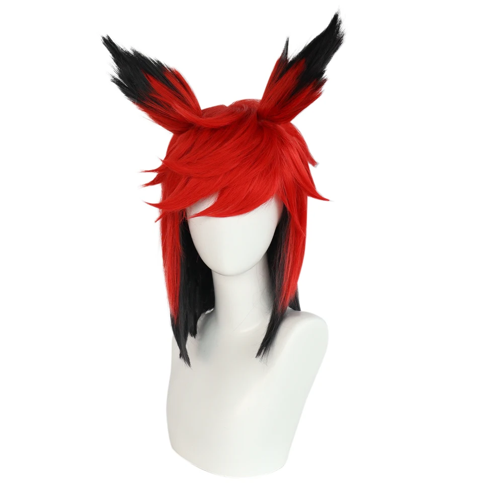 Syntetická 12inch krátka parochňa červená a čierna krátka rovná Alastor Cosplay parochňa anime halloween karneval komiksová výstava Cosplay parochňa