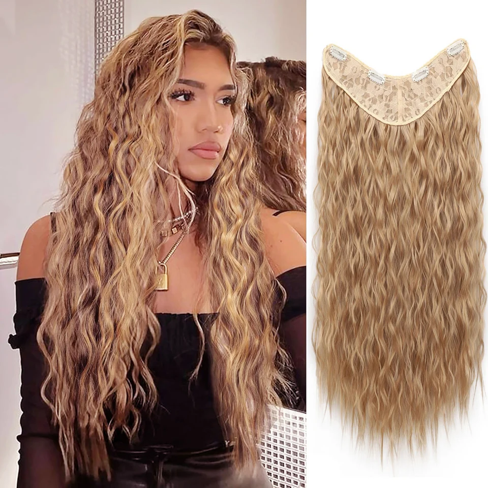 Syntetická hlboká vlna Spôsobil účesu v predĺžení vlasov jeden kus so 4 klipmi Wavy Brown Blonde Farba pre ženy dievčatá