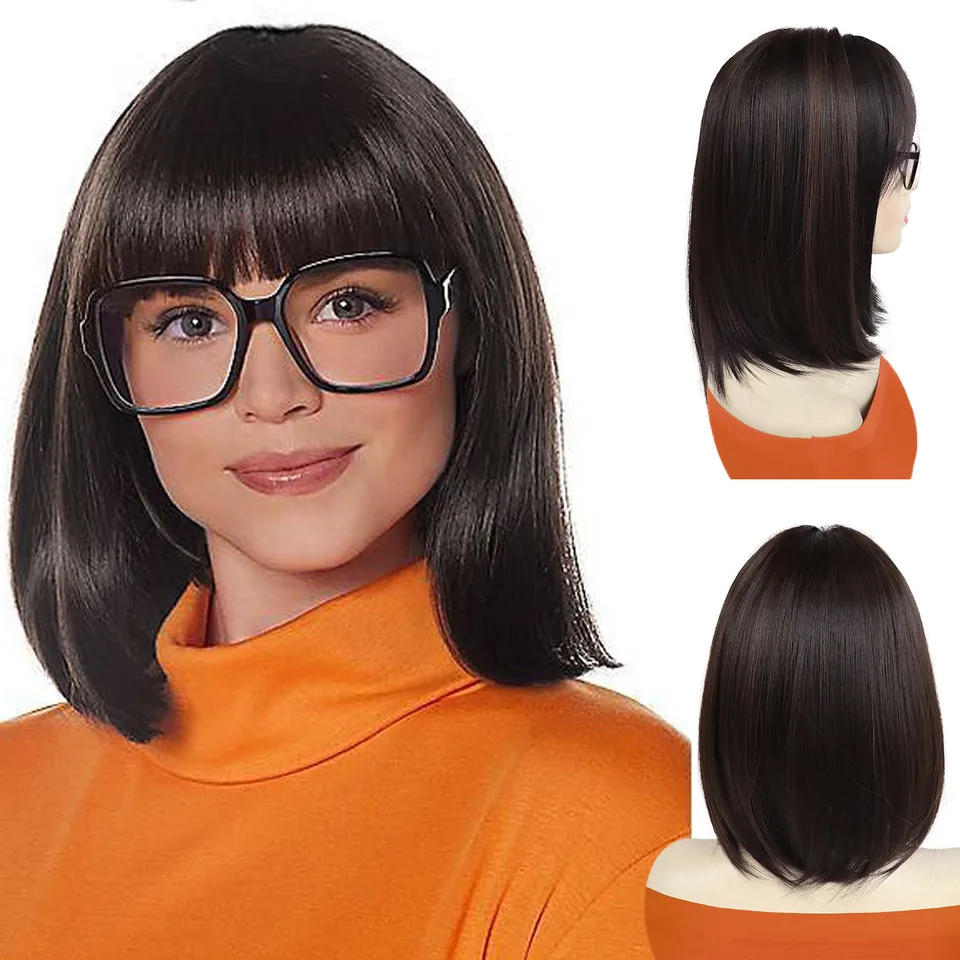 Syntetická hnedá bobová parochňa parochne parochne Parochne skla Velma pre dospelých žien Velma Cosplay Flapper Parochňa s ranami kompatibilnými s Dora parochňami
