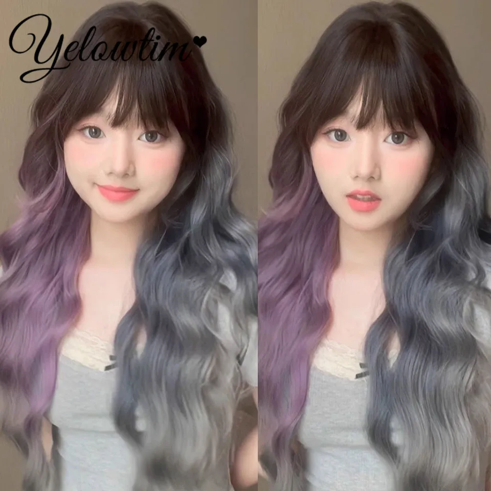 Syntetická parochňa pre ženy s dlhými kučeravými vlasmi módne internetové celebrity gradient modrá fialová kučeravá kučeravá prírodné vzduchové rany