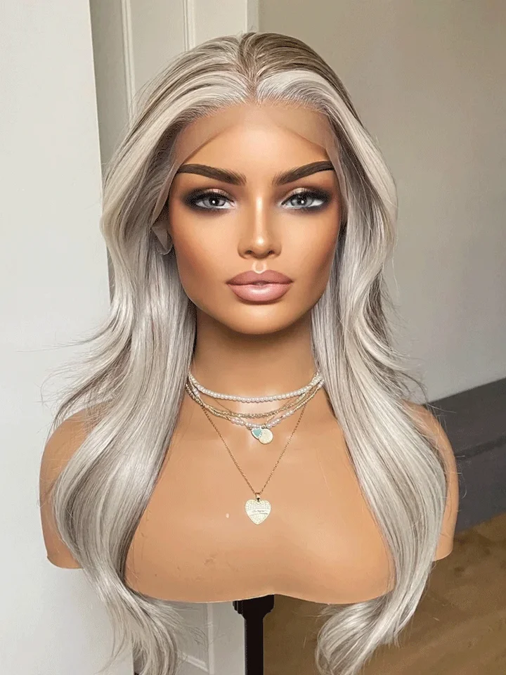 Syntetická parochňa tmavého popola zmiešaná s platinovou blondínkou/ perie vrstvená čipka predná parochňa/ pripravená na dodávku parochní pre ženy denne