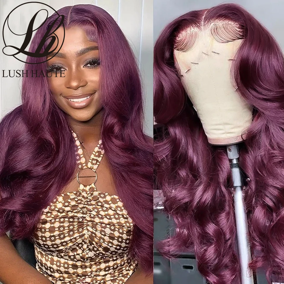 Syntetická tmavá vbuľková čipka parochňa Tmavom purpurovo Purefarebná vlna tela Časť čipka Parochňa pre ženy vopred vytrhnutá s detskými vlasmi cosplay