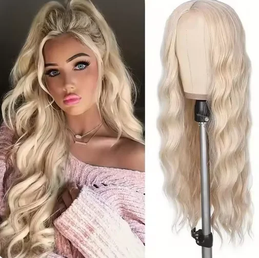 Syntetické parochne s blond parochňou s dlhými treskami dlhé kučeravé zvlnené prírodné vlasové parochne pre ženy Denné párty odolné voči ružovej parochne odolnosti