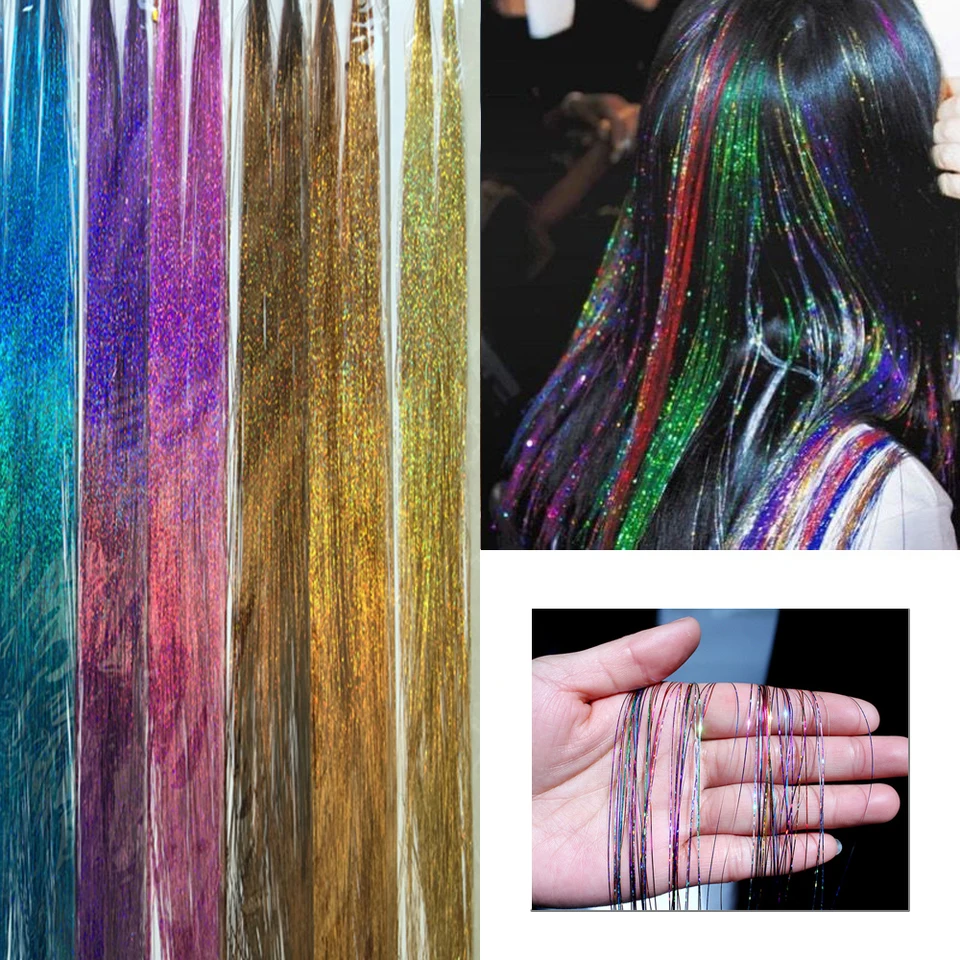 Syntetické vlasové pozlátko Dúha Rainbow Farbené pramene dievčatko Harackwear laser laser falošné vlasy predlžovanie bling dekorácie trblietavý večierok