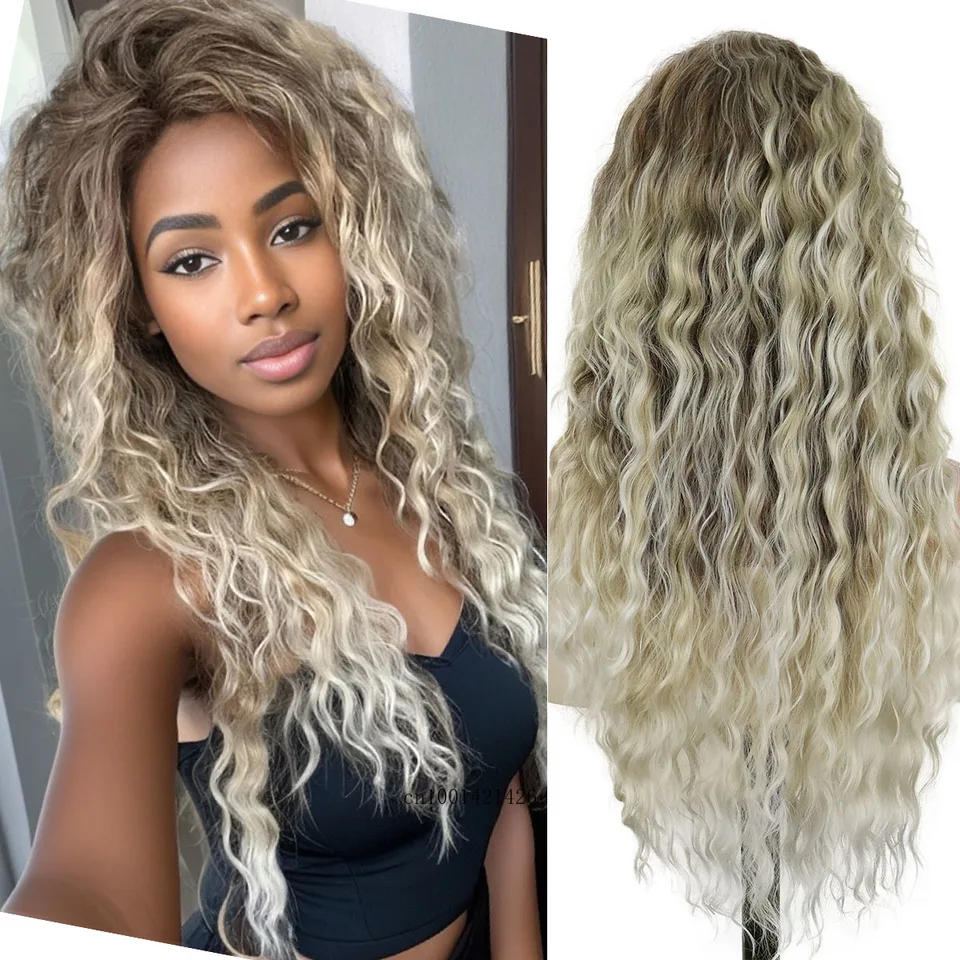 Syntetické vlasy dlhé kučeravé parochne pre čierne ženy Gradient farebný blond parochne s bočnými treskami veľký objem vlasových parochní prírodný účes