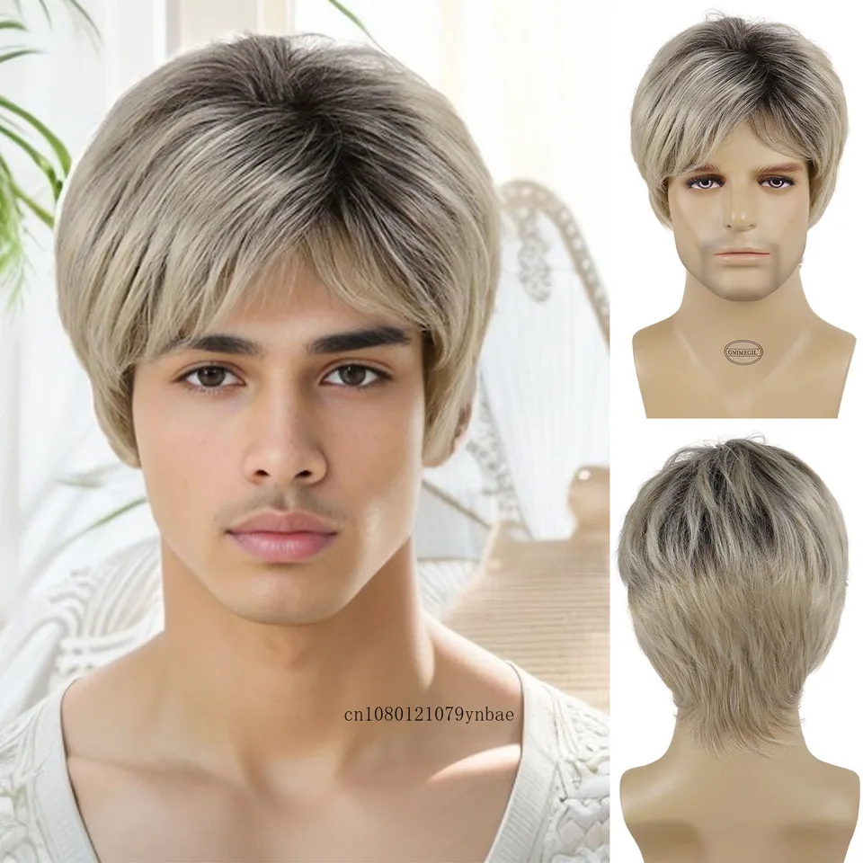 Syntetické vlasy Ombre Light Blonde Parochne pre mužov krátke vrstvené tmavé koreňové parochňa s treskami tepelne odolné voči Cosplay Party Denný kostým