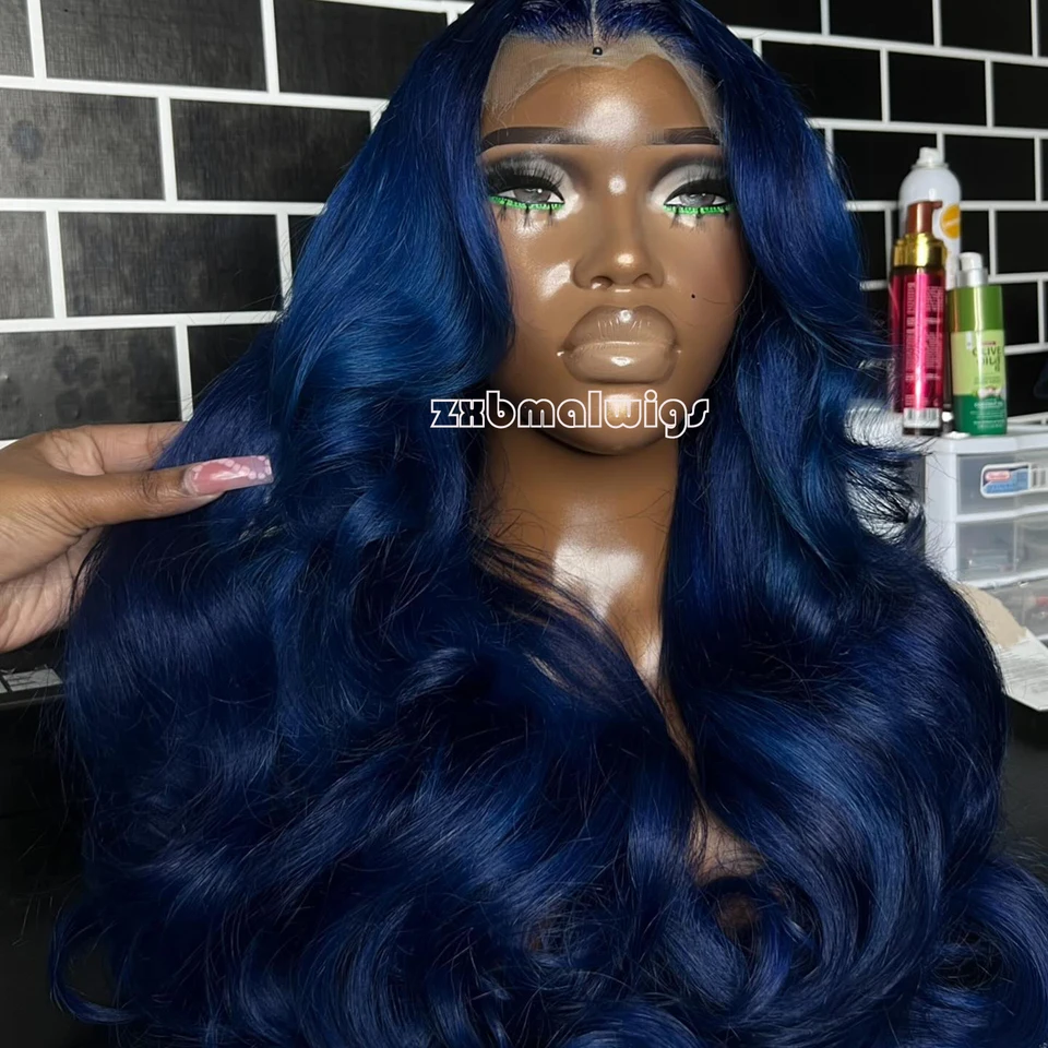 Syntetické vlasy Tmavo modrá voľná vlna bez Glueless 13x4 čipka predná parochňa pre ženy vopred vyplnená tepelná teplota Denná cosplay