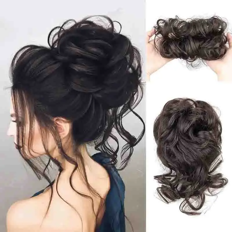 Syntetický chaotický kus vlasovej buchty Chignon Krátky kučeravý vlasový pás Elastický čierny hnedý príčiná pre ženy