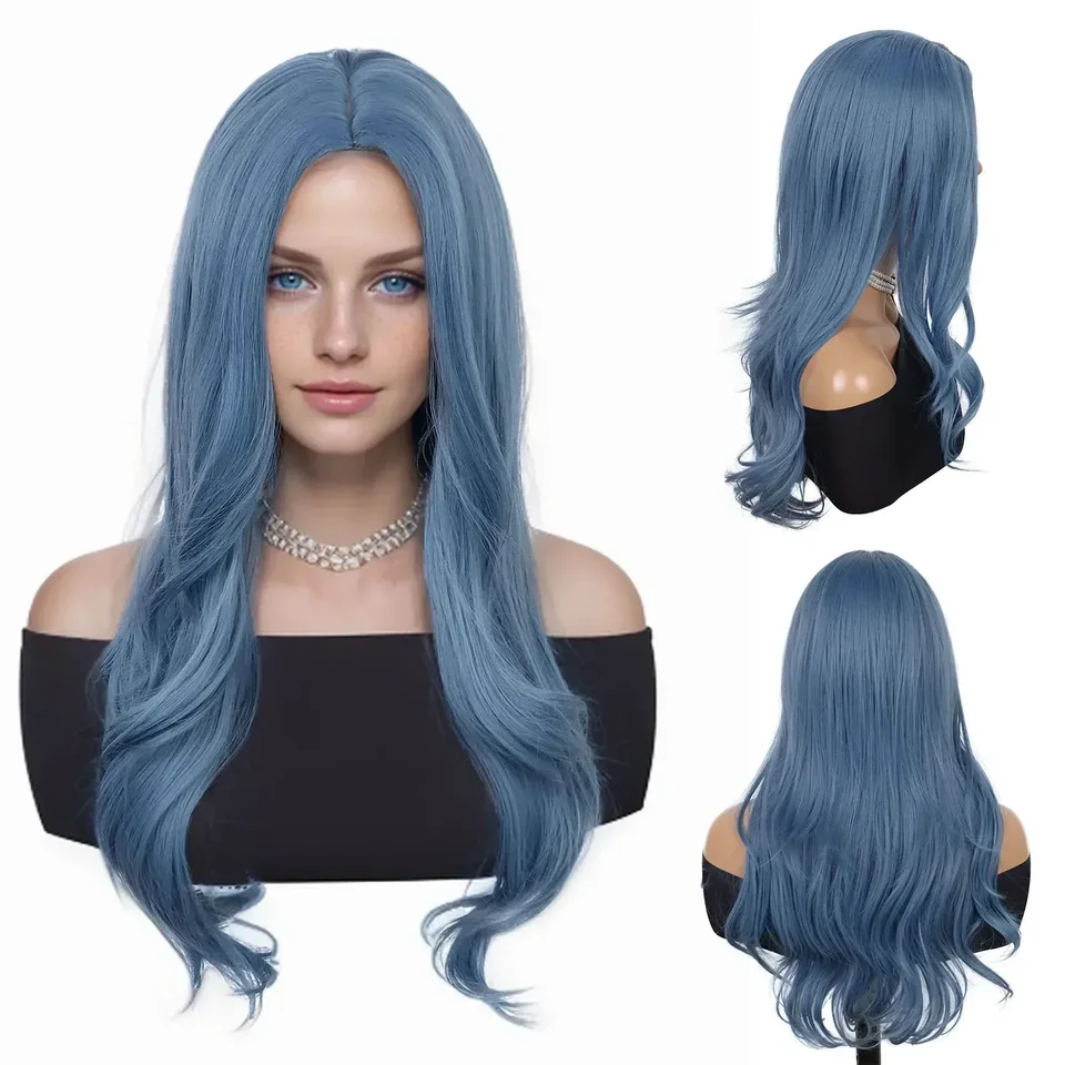 Syntetický modrý kostým parochne pre ženy dievčatá deti Halloween Parochne s dlhými vlasmi kučeravé zvlnené zostup Cosplay anime filmové muzikály parochňa