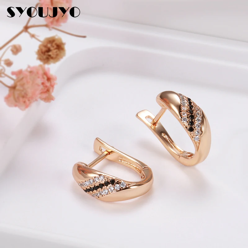 Syoujyo Simple Water Drop náušnice pre ženy 585 Rose Gold Farba Čierna prírodná zirkón Elegantná vintage jemné šperky darček pre ňu