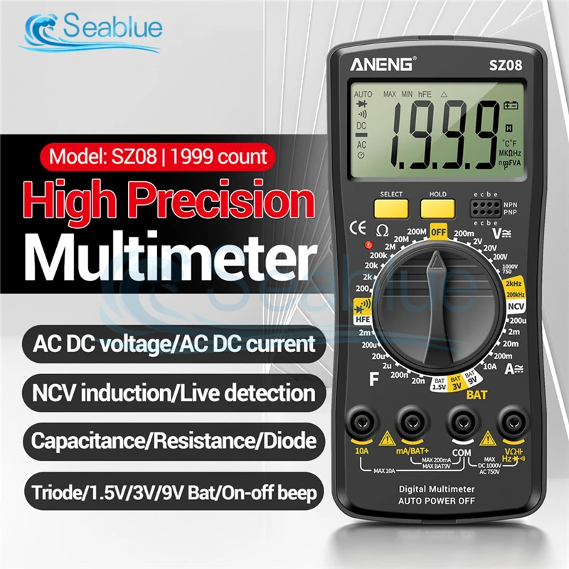 SZ08 Digital multimeter ultra tenký profesionálny multimetro automatický voltmeter 1999 Počty AC DC 220V RESISENTOVÝ TESTER