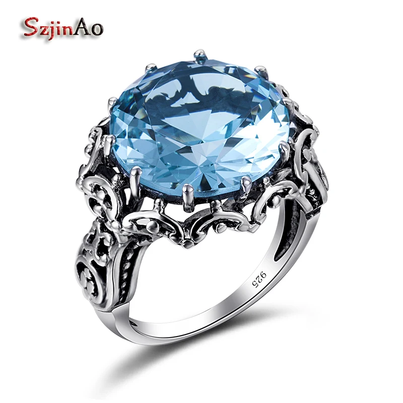 Szjinao Fashion 925 Sterling Silver Big Signet Rings pre ženy modrý rakúska Aquamarine Vintage Party šperky femme veľkoobchod