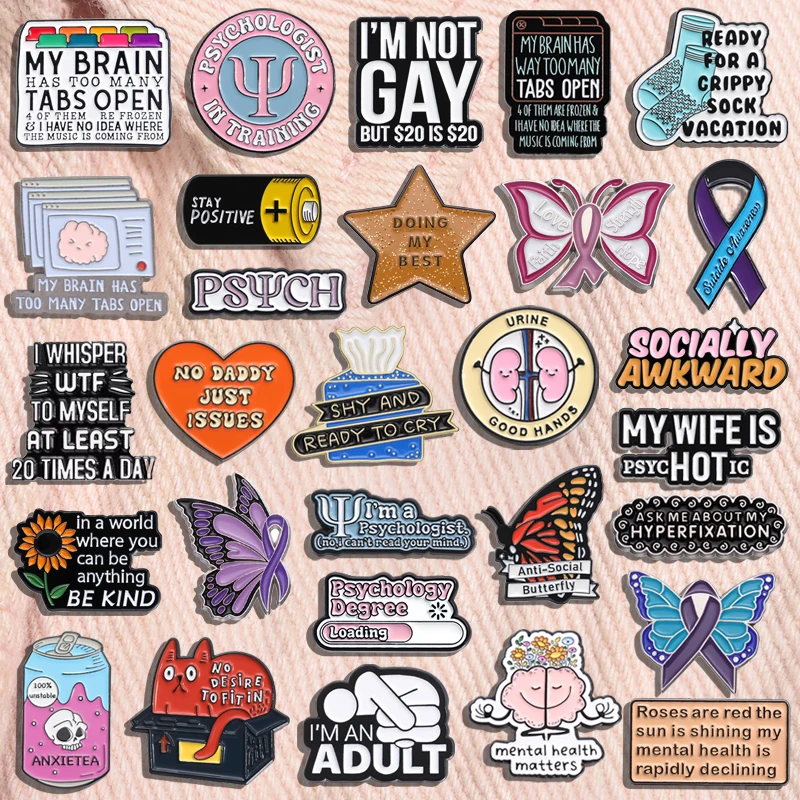 Séria duševného zdravia Séria Smalt Pins Sociálna úzkosť Psychológia povedomie Citáty Citáty kovového odznaku veľkoobchodné šperky darčeky pre priateľov