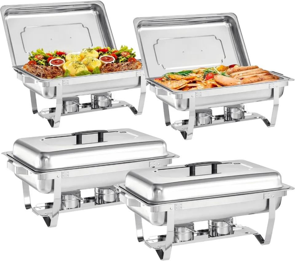 Súprava bufetového misky - 4 balenie, 8 kvartov z nehrdzavejúcej ocele Chafer Buffet Servers and Ohrievačy nastavené so skladacím rámom pre svadby