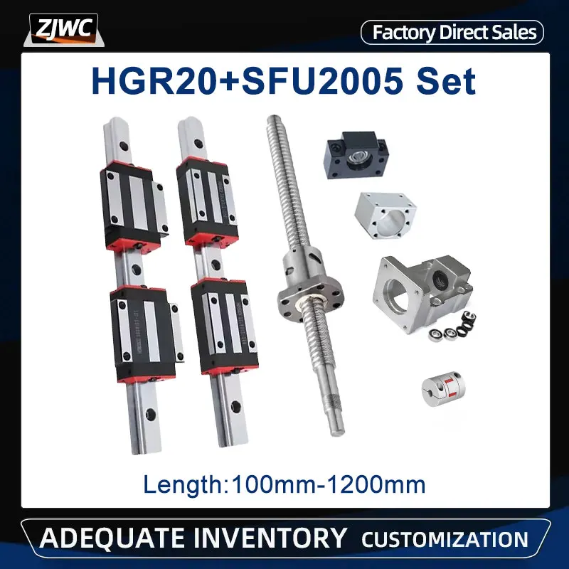 Súprava CNC Guides Kit HGR20 Lineárne koľajnice 2 PC HGR20 Square Guide+4 HGH20CA/HGW20CC Kočiari/posúvače+1 Set SFU2005/2010 Ball skrutka guľky