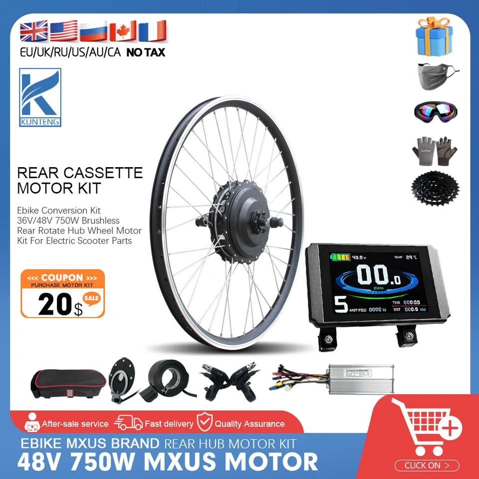 Súprava na konverziu Ebike 750W elektrický motor MXUS 48V Zadná kazetová kefka bezhlavý kolesový koleso E-Bike Súprava s ovládačom KT-30A