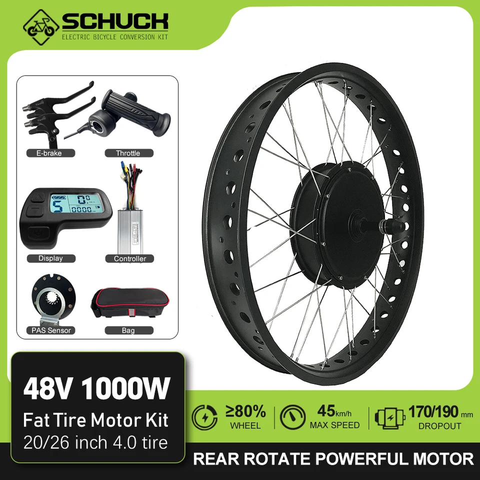 Súprava na konverziu na konverziu na bicykli v snehu 20/24/26 palca 48 V 1000 W bez kefiek bez prevodových kolies Rotate Motor Motor s 4,0 tukovou pneumatikou