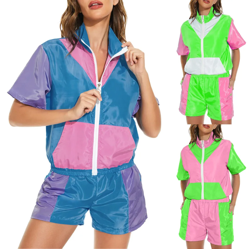Súpravy pre ženy 2 kusy Dospelé ženy a muža 80. rokov retro hip hop hop Windbreaker Disco Tracksuits Sets Nové v zodpovedajúcich sadách