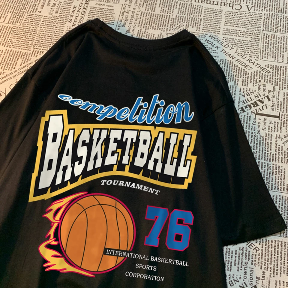 Súťaž basketbal 76 Tričká Men Dámske ulica O-krk oblečenie voľné nadmerné tričká Harajuku bavlna s krátkym rukávom
