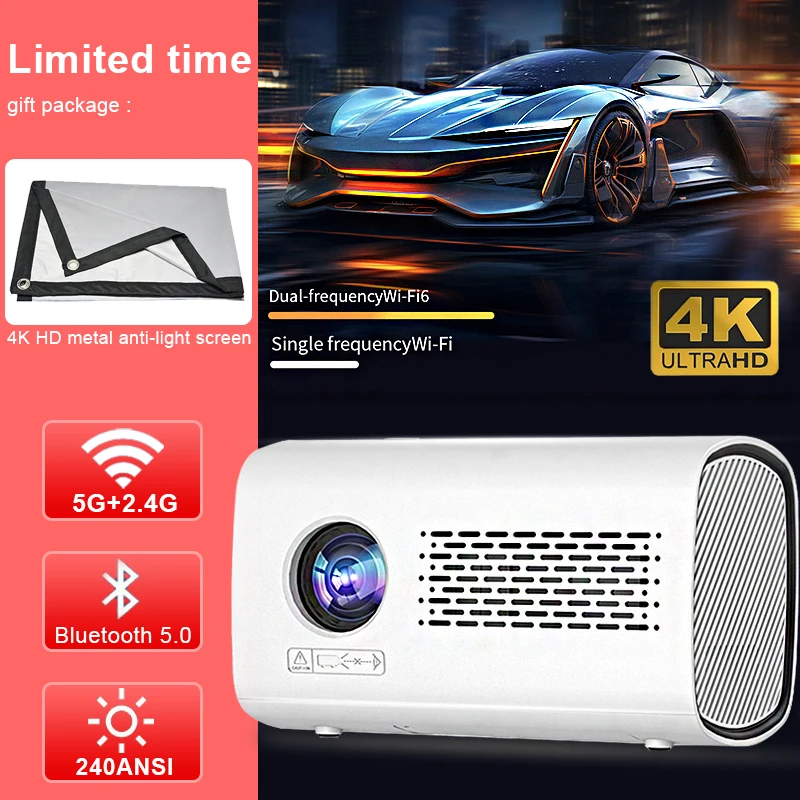 T100 4K Mini Projetor Android 9 1+16G Full HD 1080p Prenosný proyektor Dual WiFi6 BT5.0 240ansi Keystone Home Theatre Projector