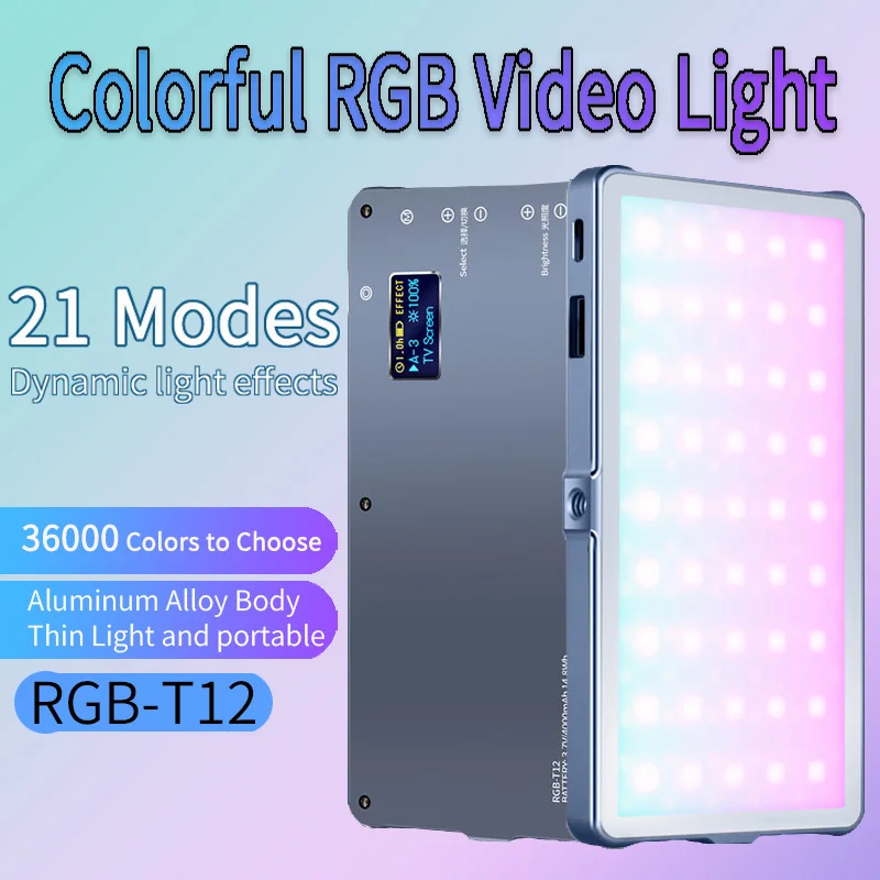 T12 RGB Video Light Light na fotoaparáte Selifi výplňová lampa 2500k-8500k 36000 farieb RA≥96 TLCL≥97 pre vlogové snímanie fotografia STATIO SVETLO SVETLO