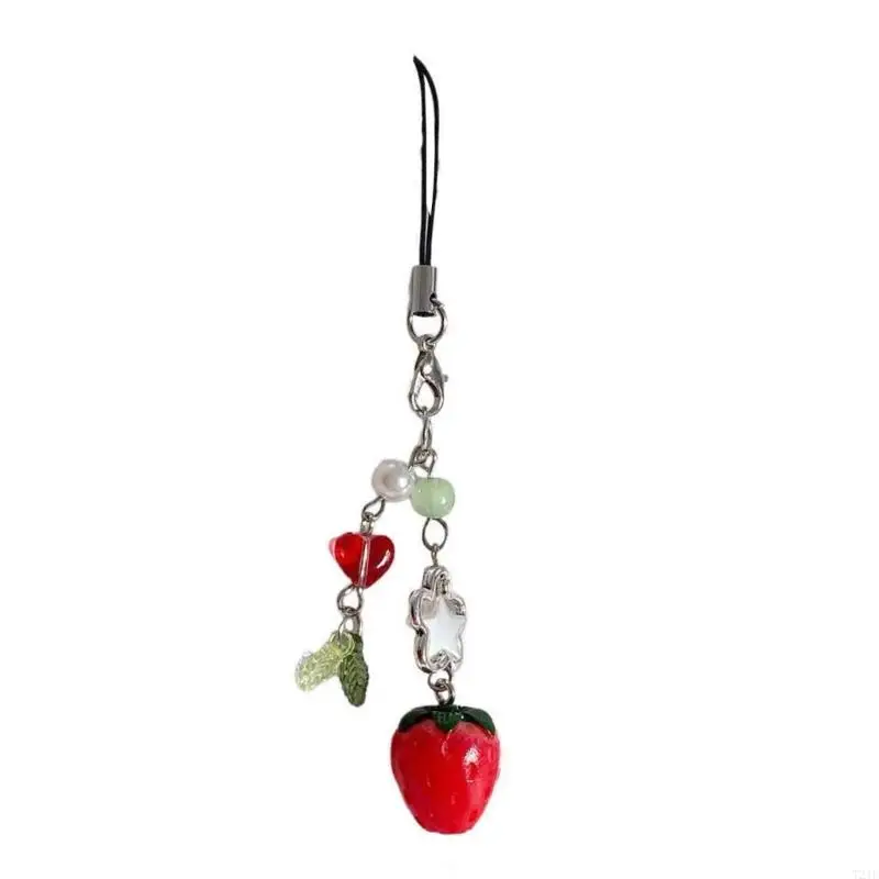 T21F Stylish Phone Lanyard Strawberry Pendant Keychain Odnímateľný farebný korálový kľúče prenosné príslušenstvo pre ženy