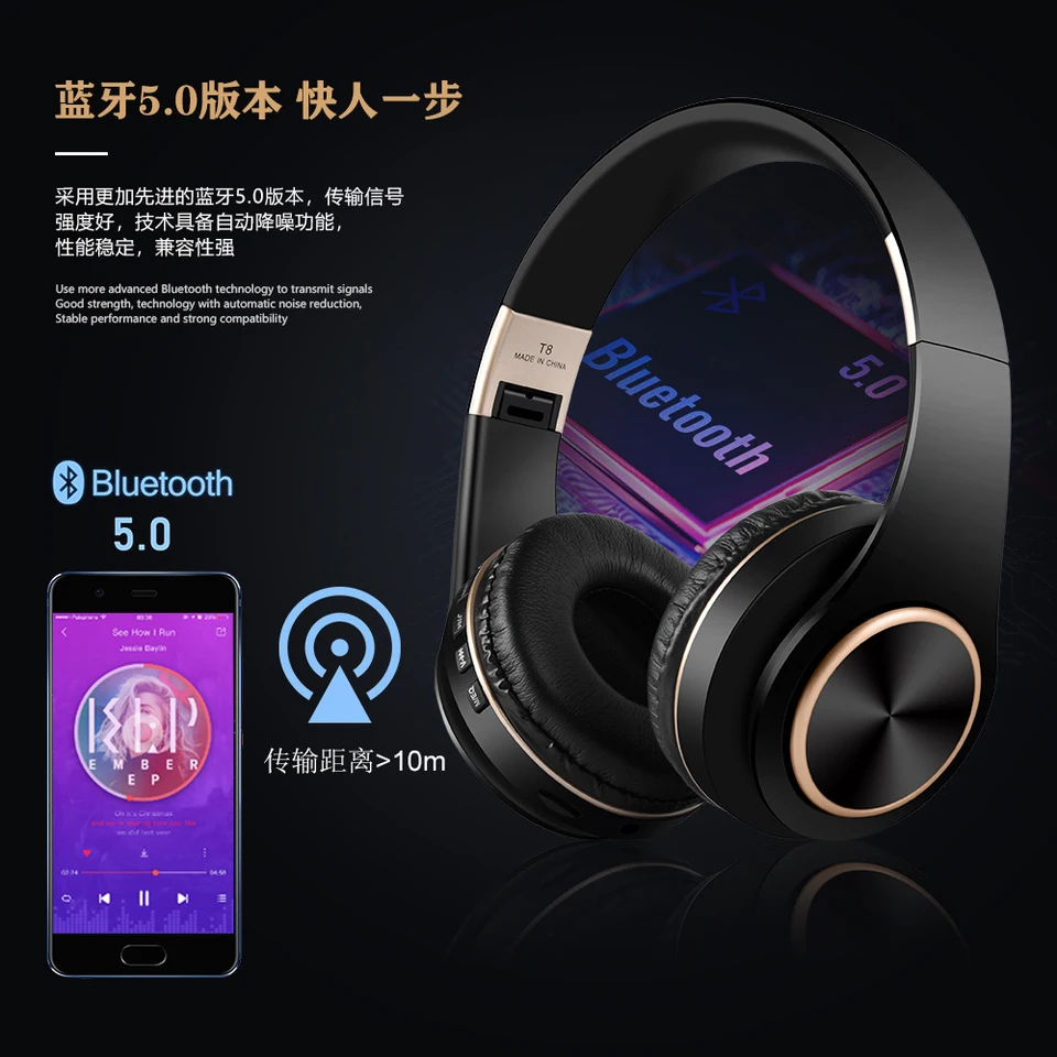 T8 Bluetooth skladacie slúchadlá mp3 Player Player, ktoré potvrdzujú slúchadlá s zvukovým káblom Bluetooth Hedset Hedset slúchadlá veľké ušné telefóny