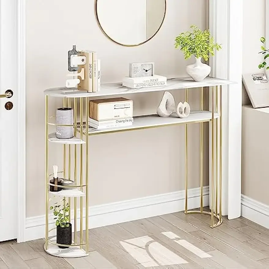 Table Table Table Console Gold Sofa Table úzky vchodový stôl s úložným priestorom a policami, 43,5 ”za gaučovým stolom moderný nábytok
