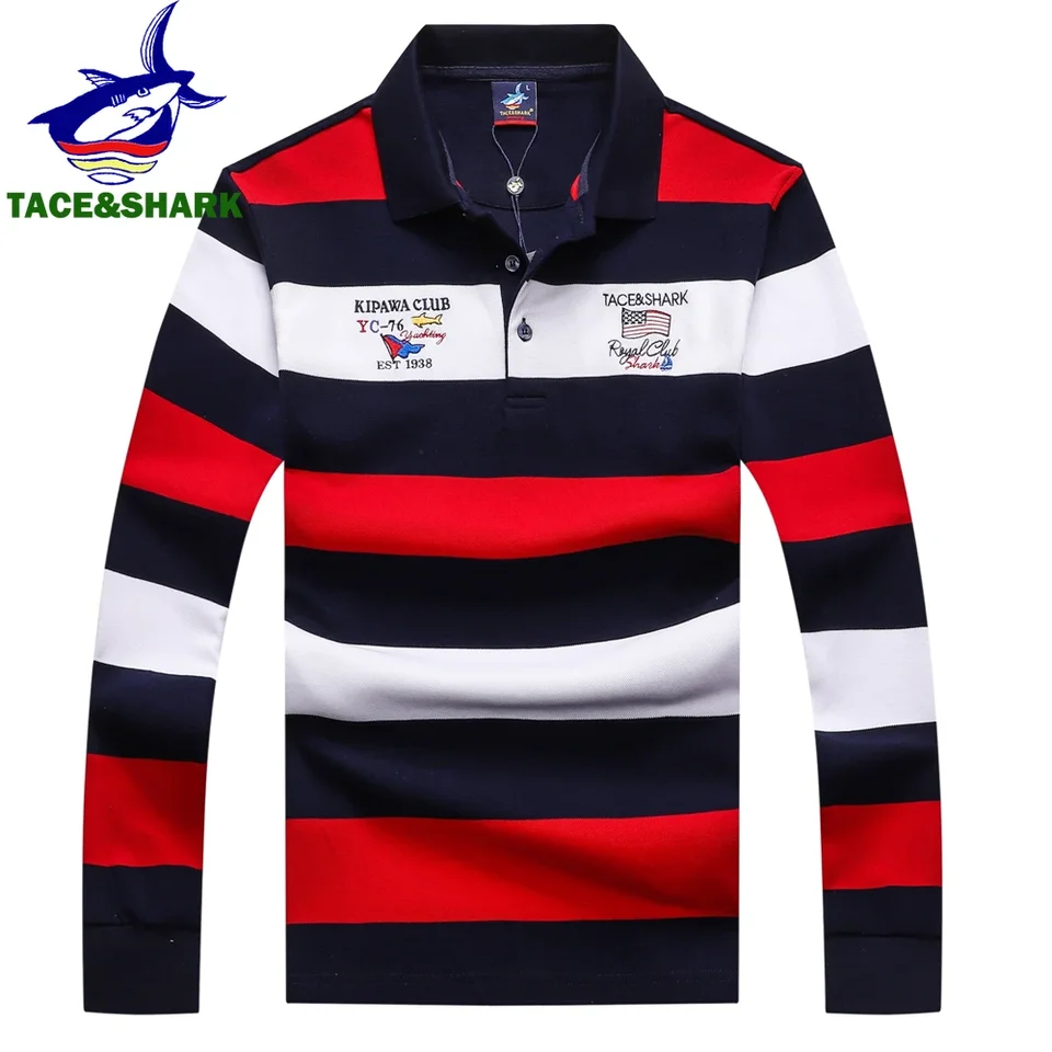 TACE a žralok módna značka žralok s dlhým rukávom polo rubínu modrá muži Stripe Príležitostné obchodné obliekanie póla pre mužov Vysoko kvalitné