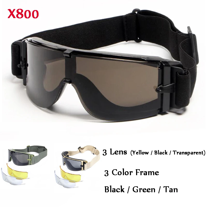 Taktické okuliare USMC X800 Hunting Paintball Airsoft Bezpečnostné okuliare vetru odolné voči motocyklu vetru odvzdušňované okuliare 3 šošovky