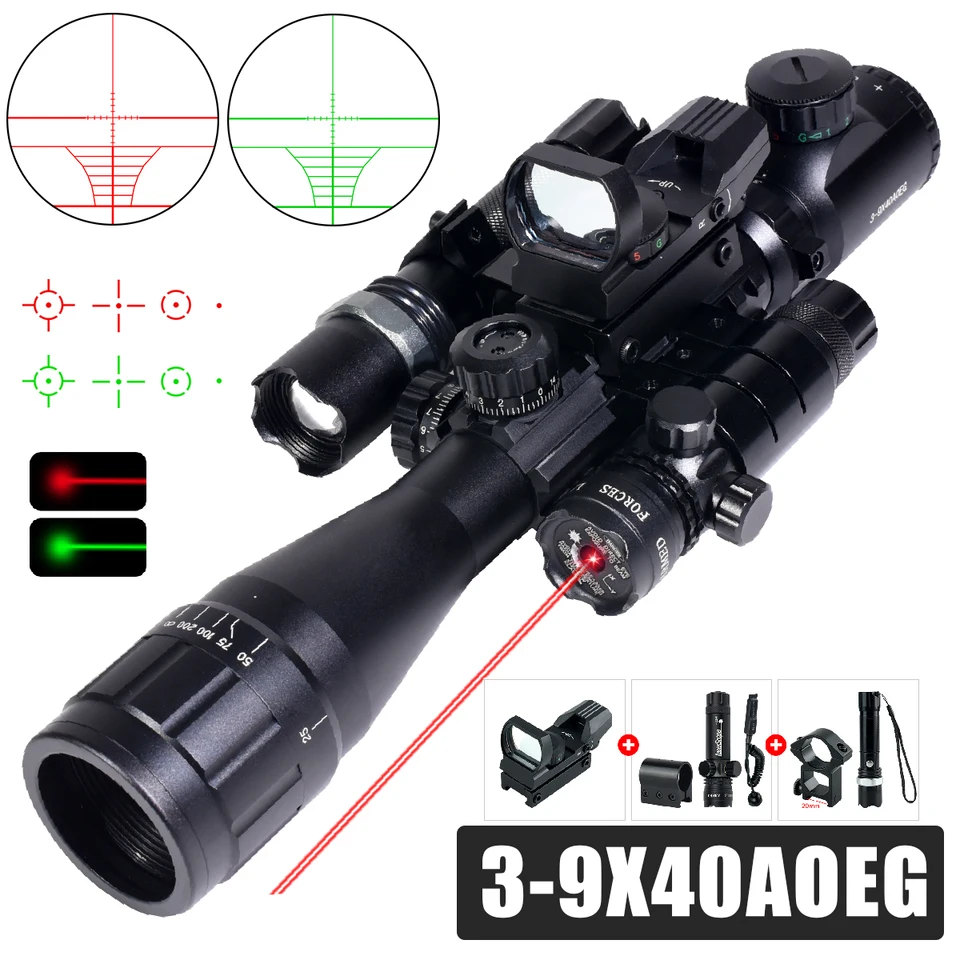 Taktické rozsahy 3-9x40aoeg Red Dot laser laser Combo Optický pohľad vonkajší poľovníctvo Nastaviteľné pušky 11 mm/20 mm držiak