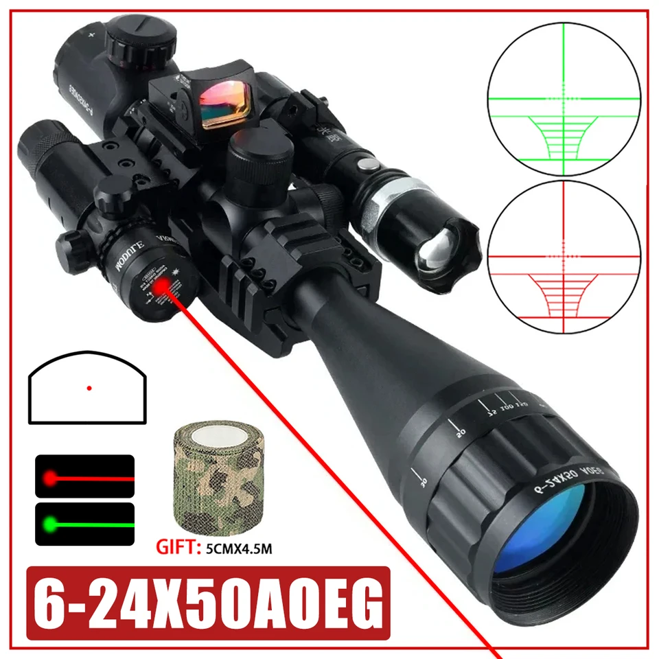 Taktický 6-24x50 AOEG Riflescope Nastaviteľný rozsah ostreľovača s červenou zelenou bodkou laserom Combo Optický pohľad Airsoft Lovecké rozsahy