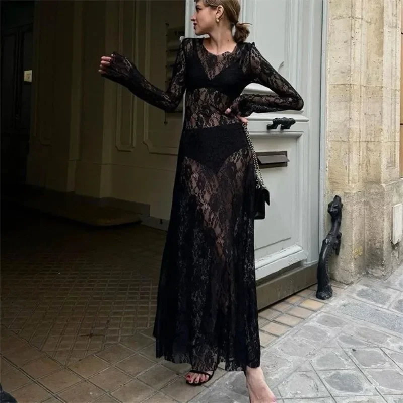 TALENZA SEXY SEVE-HROOGH LACE kvetinové maxi šaty Dámske čierne dlhé rukávy o krk voľné letovisko šaty s vysokým pásom šaty šaty