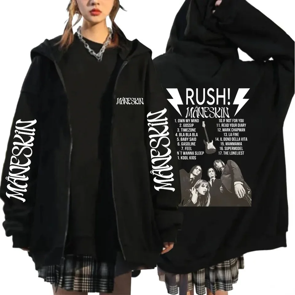 Talianska rocková skupina Maneskin Rush plagát Zipper mikina Men Dámska módna módna gotická zipsová mikina Príležitostné ulice Streetwear Coats